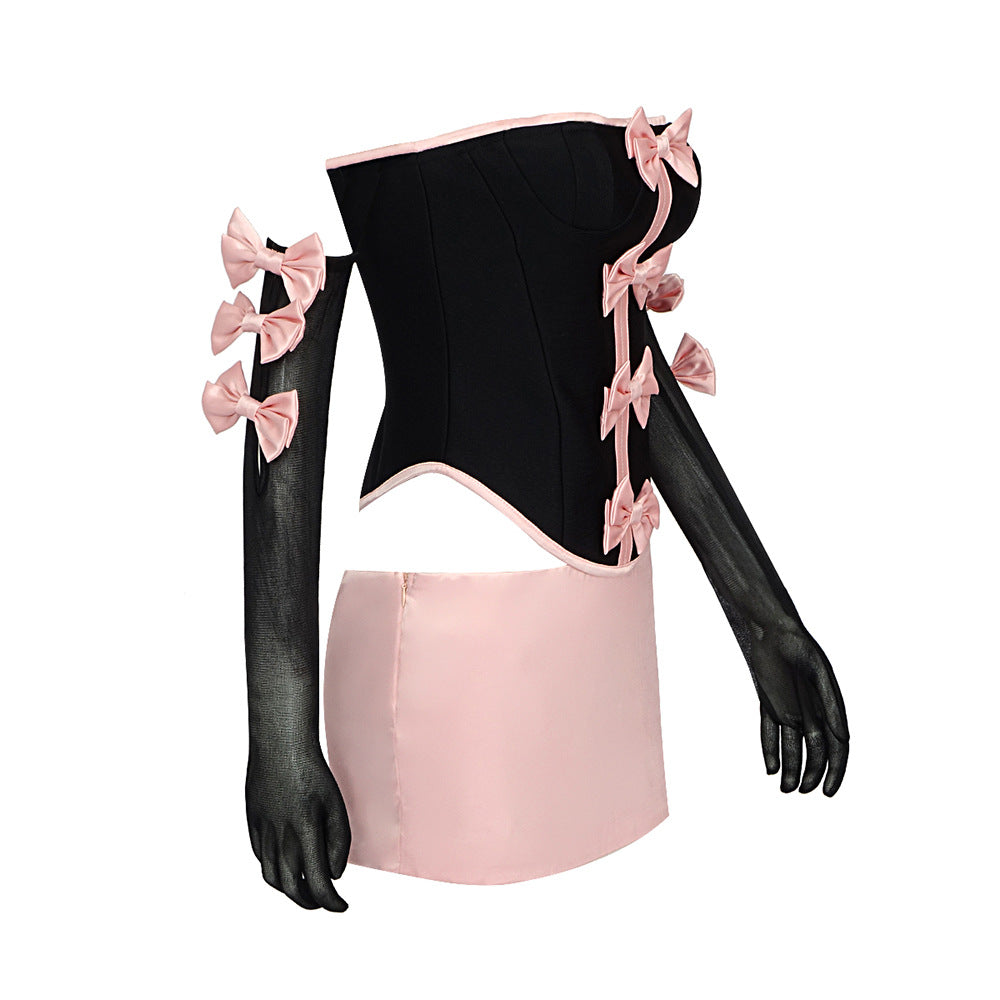 Pink Top Gloves Short Skirt Set Suit