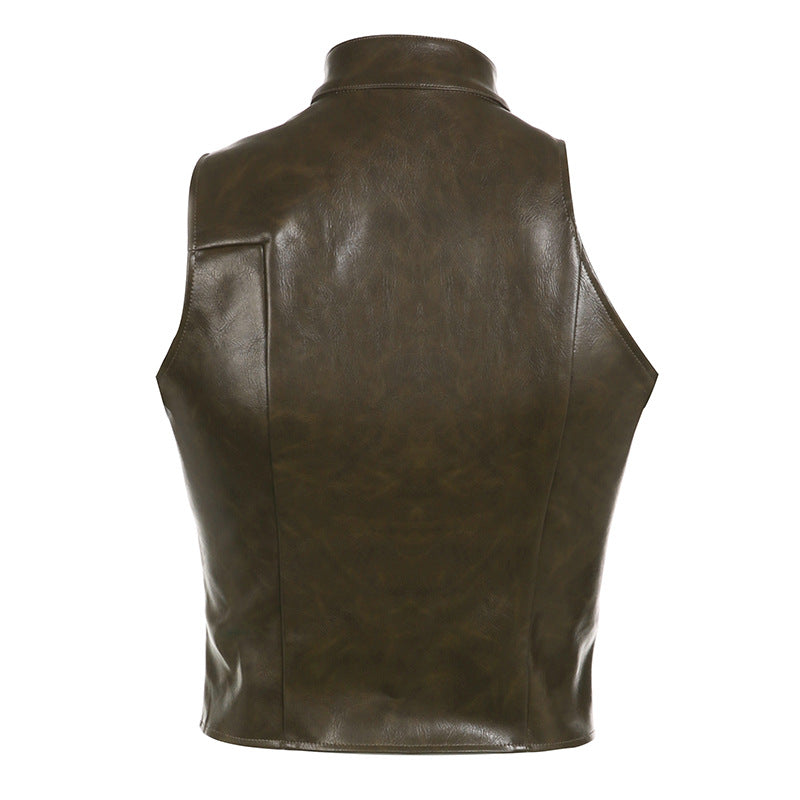 Retro Leather Zipper Vest Coat
